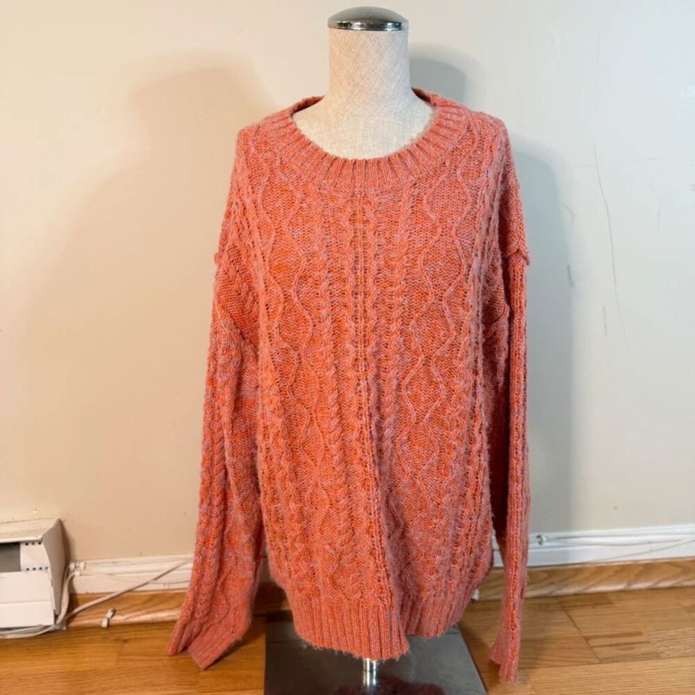 easel Cable Knit Crewneck Sweater Coral L Poly Wool Cabin Boho Grandma Cozycore
